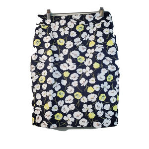 Ann Taylor Floral Skirt Womens Size 2 Navy White/Yellow Cotton Back‎ Zipper